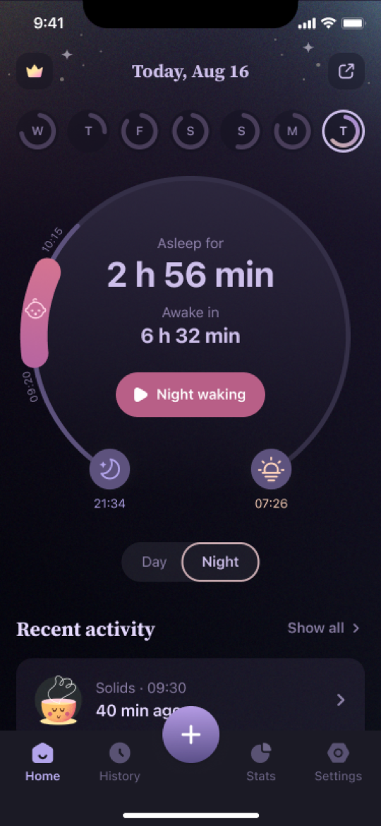 Night mode home screen in the Luli app